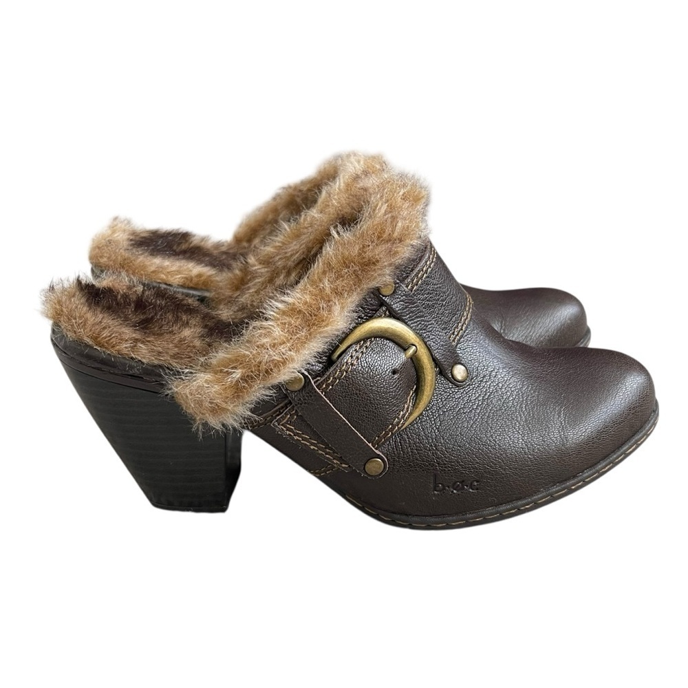 Boc by Born Brown Leather Faux Fur Lining Heeled Clog Mule Women’s Size 7 Boho